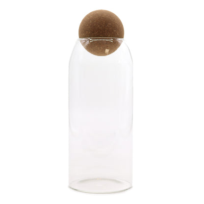 20cm Clear glass bottle with a brown cork stopper on a white background