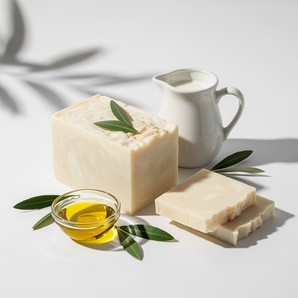 Two bars of soap, a small bowl of oil, and a white pitcher on a light surface with olive leaves.