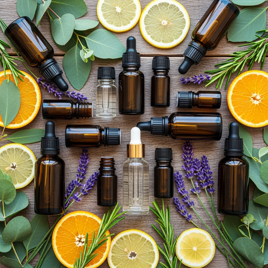 Collection of essential oil bottles and citrus fruits on a wooden surface surrounded by Oranges and Lavender, Underground Allure