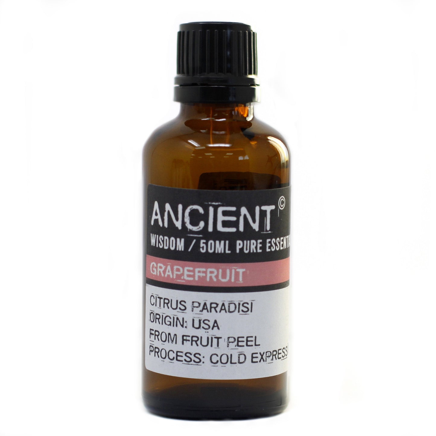 Brown glass bottle with black cap labeled 'Ancient Wisdom' on a white background