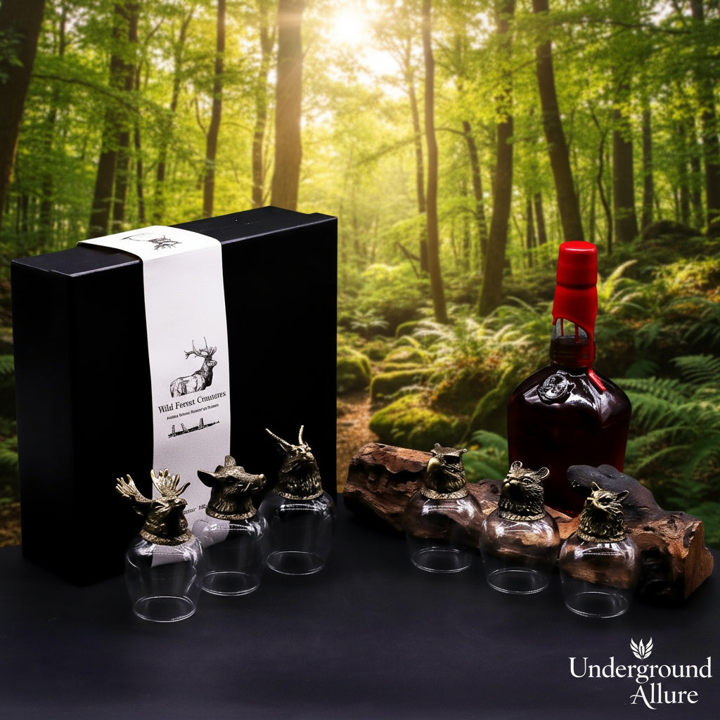 Bottle of Underground Allure with decorative 100ml Wil Forest Creatures glasses and packaging in a forest setting