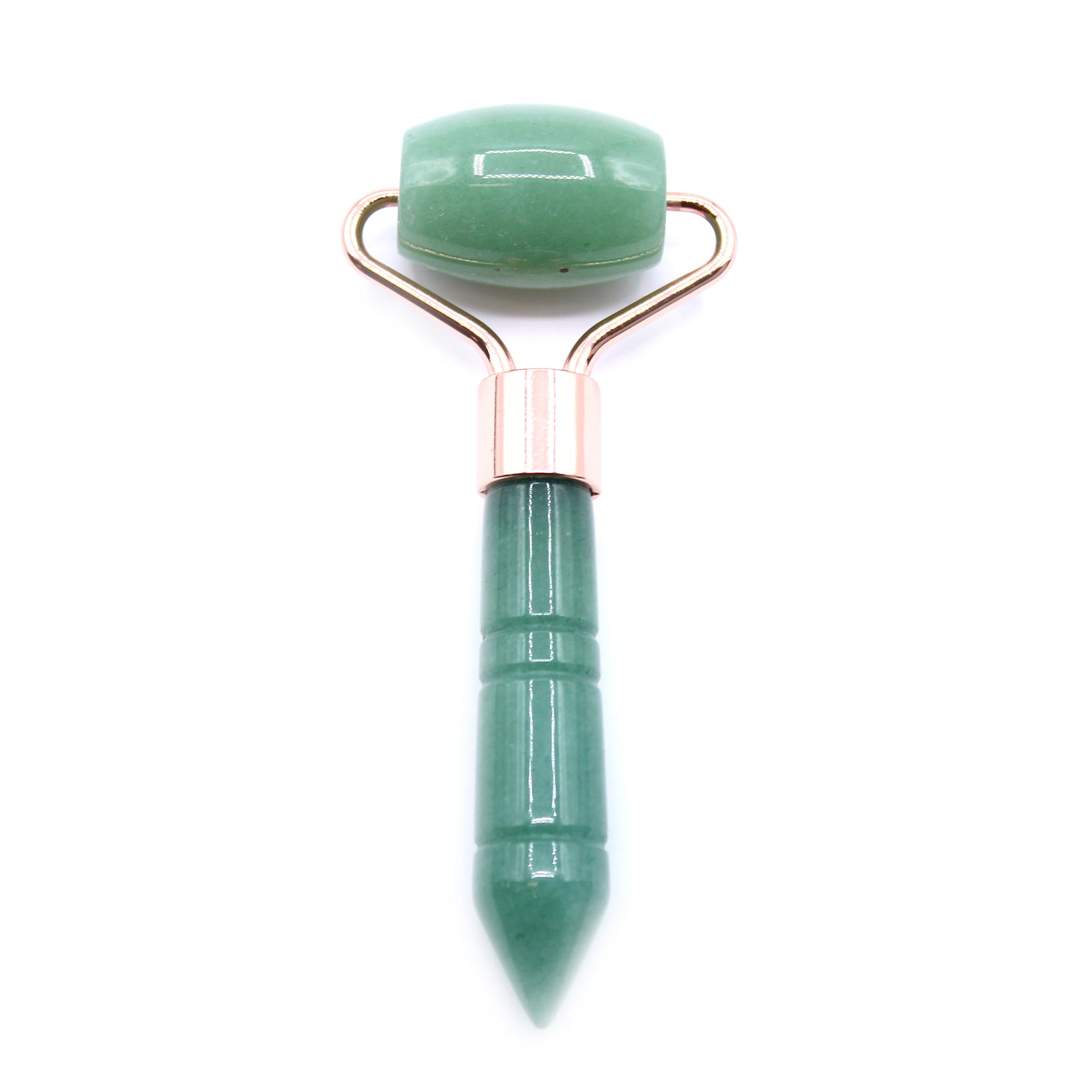 Green jade Face roller with rose gold handle on a white background