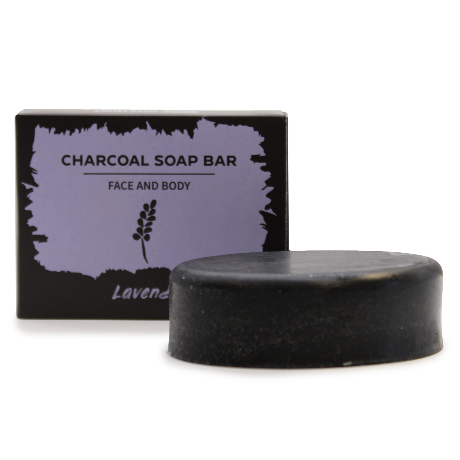 Charcoal soap bar with packaging on a white background