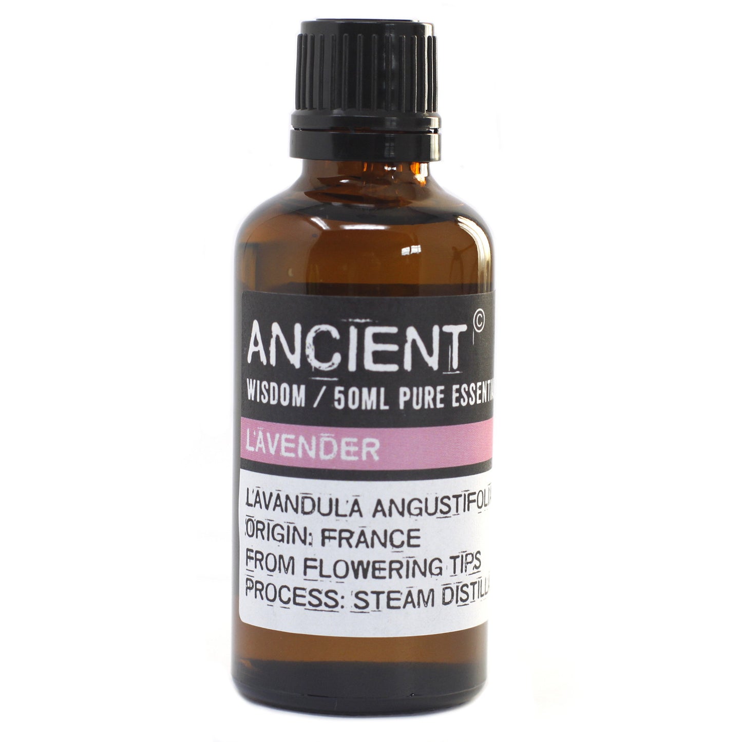 Bottle of lavender essential oil with a black cap on a white background