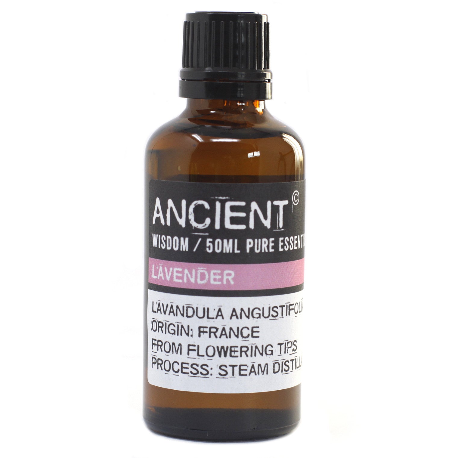 Bottle of lavender essential oil with a black cap on a white background