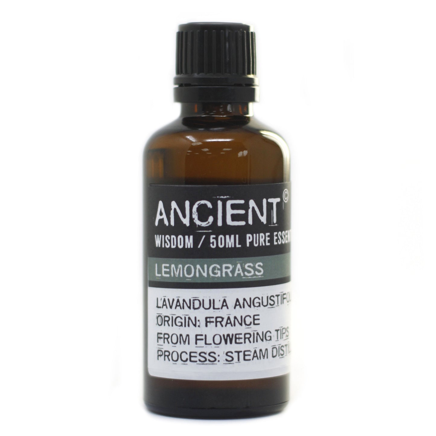 Bottle of Ancient Wisdom Lemongrass essential oil on a white background