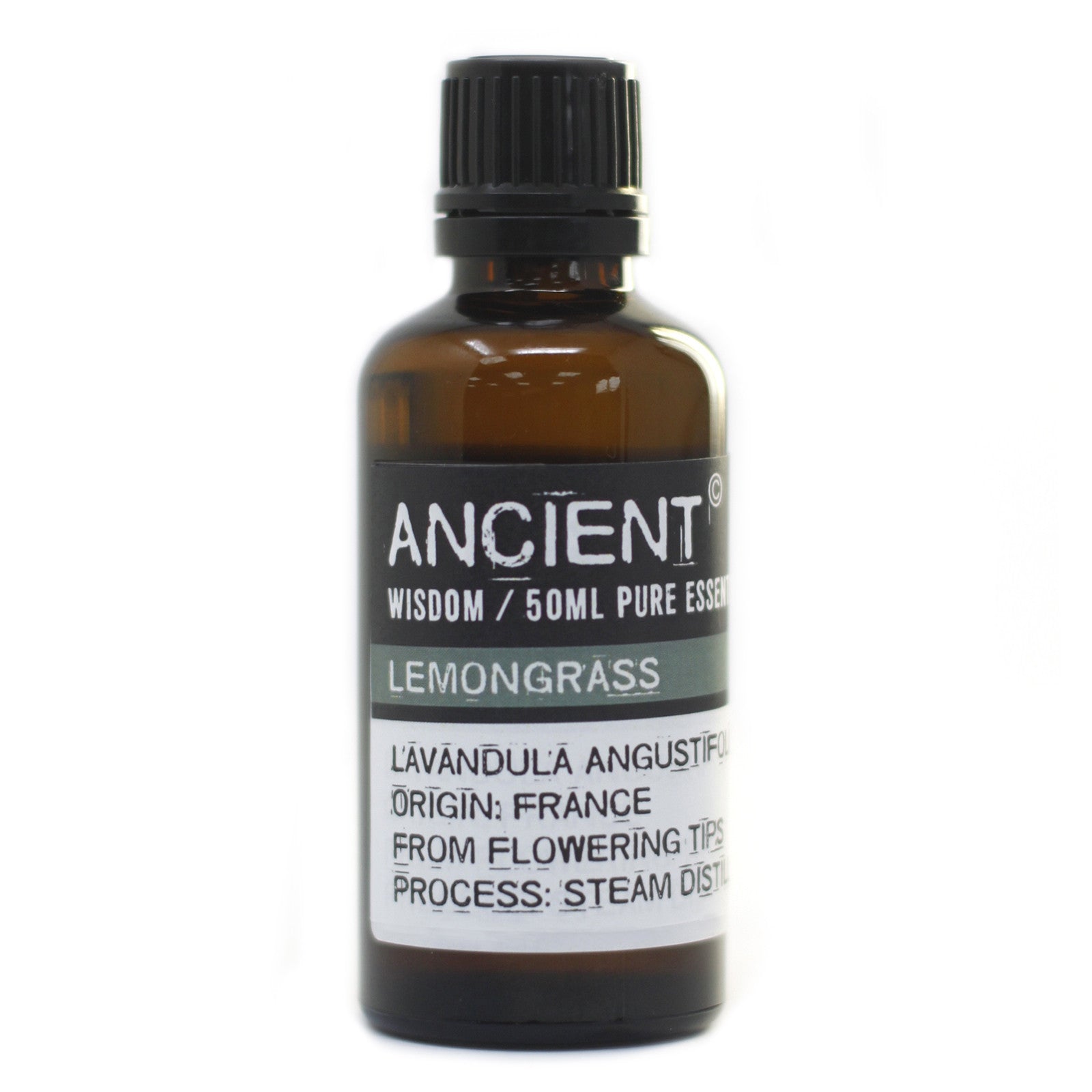 Bottle of Ancient Wisdom Lemongrass essential oil on a white background