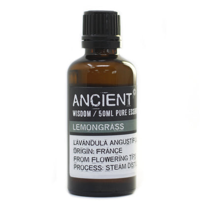 Bottle of Ancient Wisdom Lemongrass essential oil on a white background
