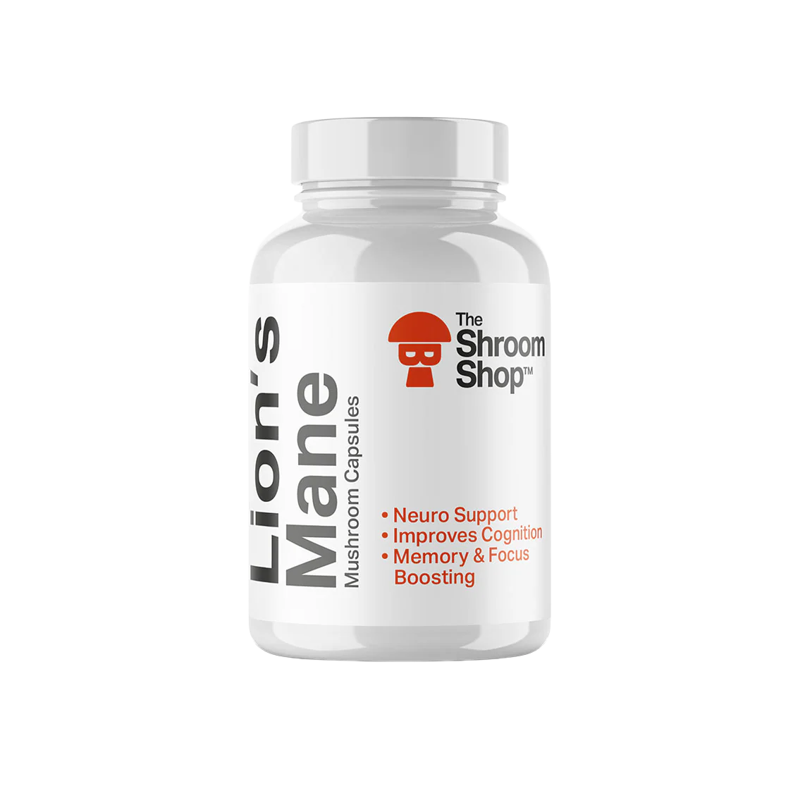 Bottle of Lion's Mane mushroom capsules from The Shroom Shop on a white background