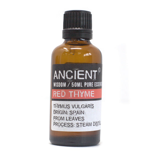 Bottle of Ancient Wisdom Red Thyme essential oil on a white background