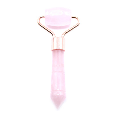 RoseQuartz Face Roller with rose gold accents on a white background