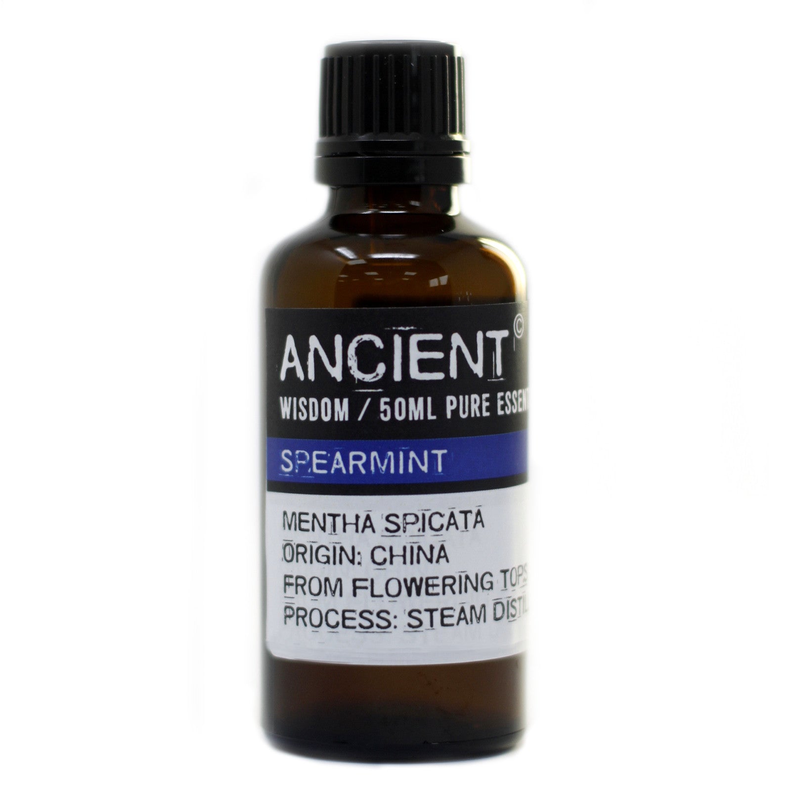 Bottle of spearmint essential oil with a label on a white background