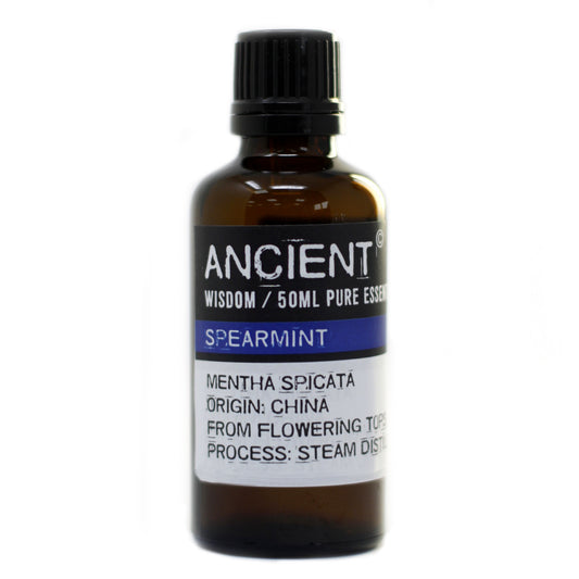 Bottle of spearmint essential oil with a label on a white background