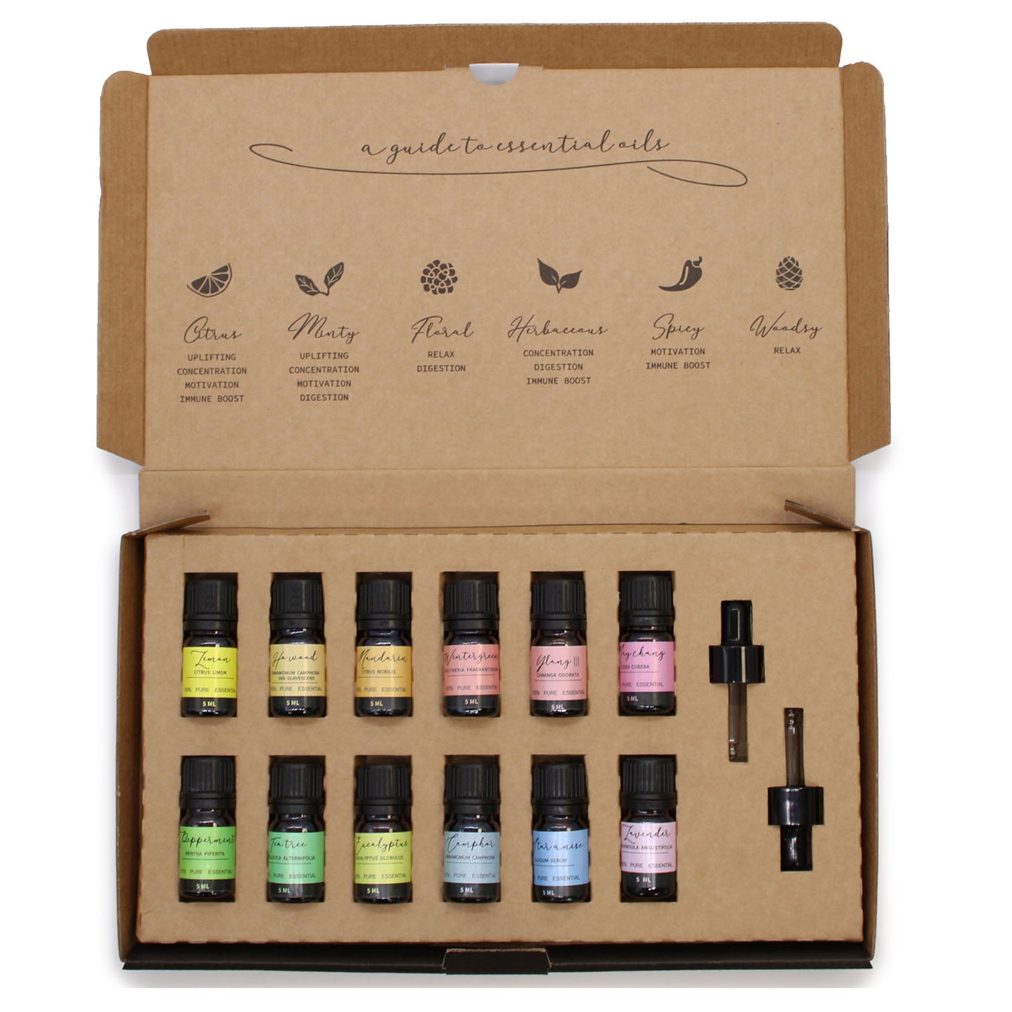 Set of essential oil bottles in a cardboard box with labels on a white background