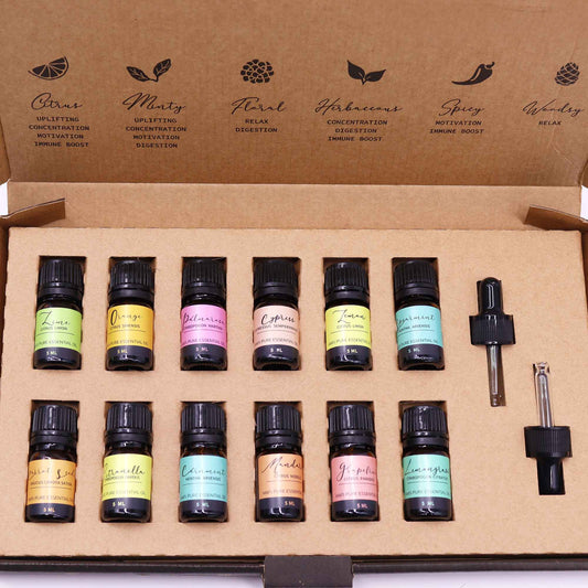 Aromatherapy essential oils set with 12 handmade vegan bottles and droppers, UK delivery