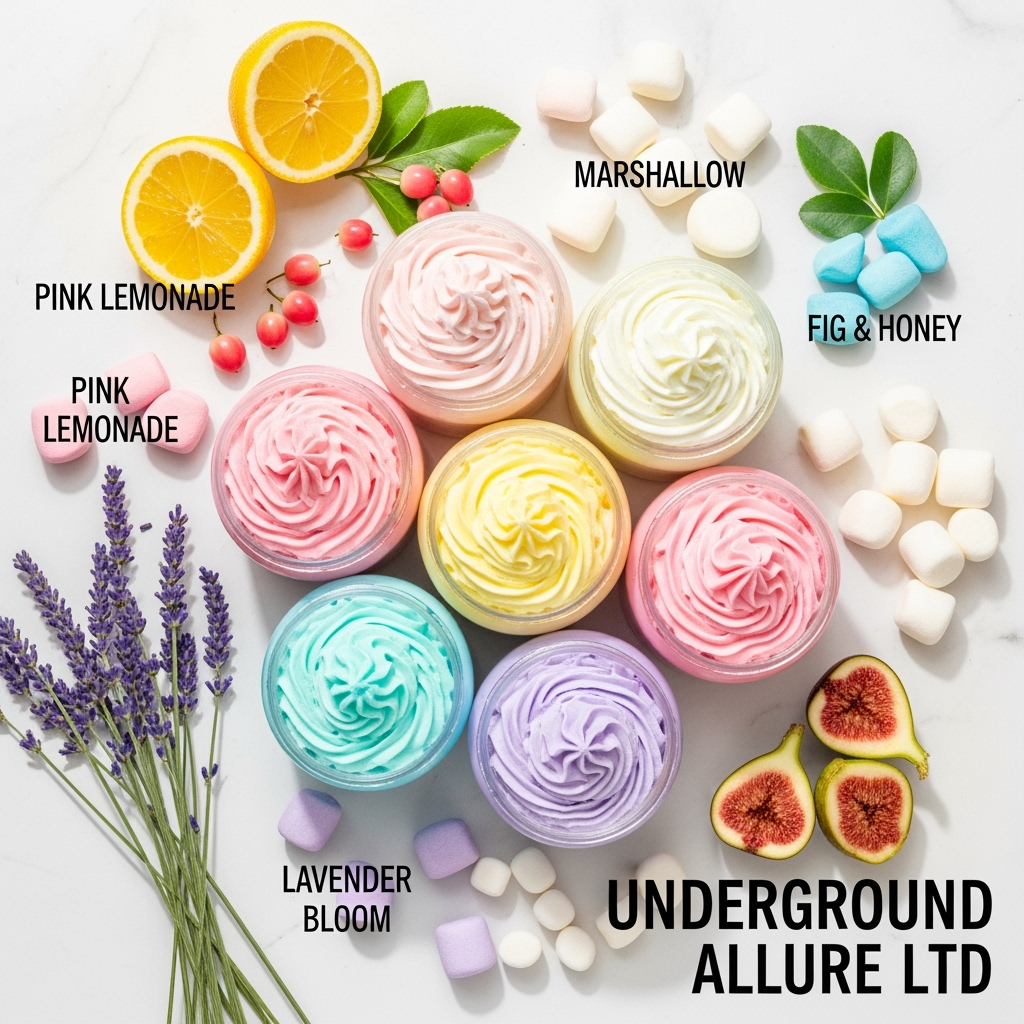 Colorful Whipped soap with frosting samples and ingredients on a white background, featuring the brand 'Underground Allure Ltd'.