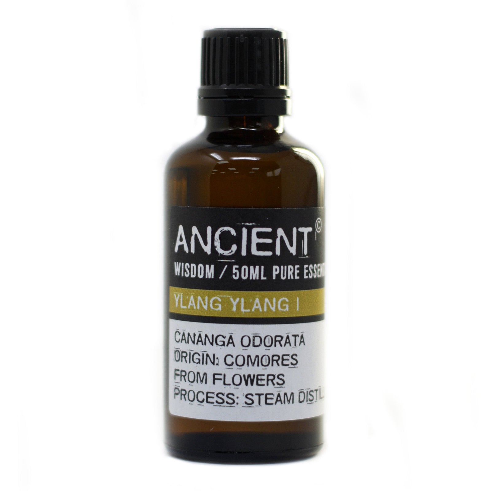 Bottle of Ancient Wisdom Ylang Ylang essential oil on a white background