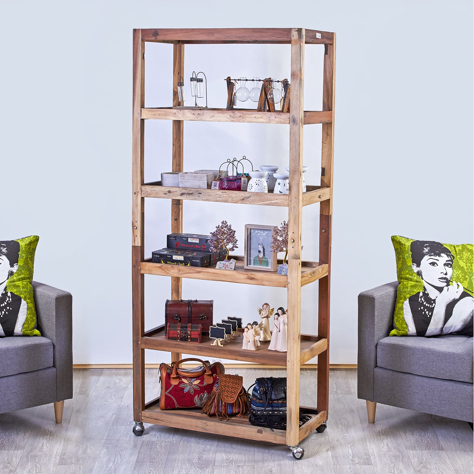 Six Shelf Display with Casters - Recycled Wood