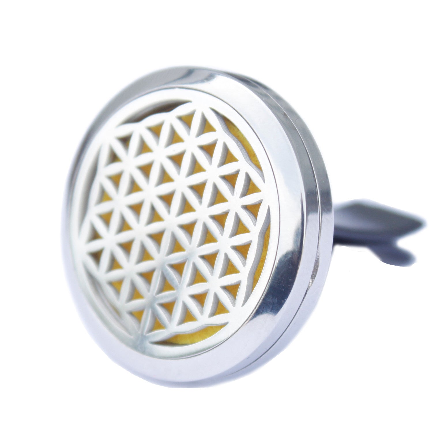 A stainless steel car diffuser kit with a green felt pad and a Flower of life design, including space for essential oil.