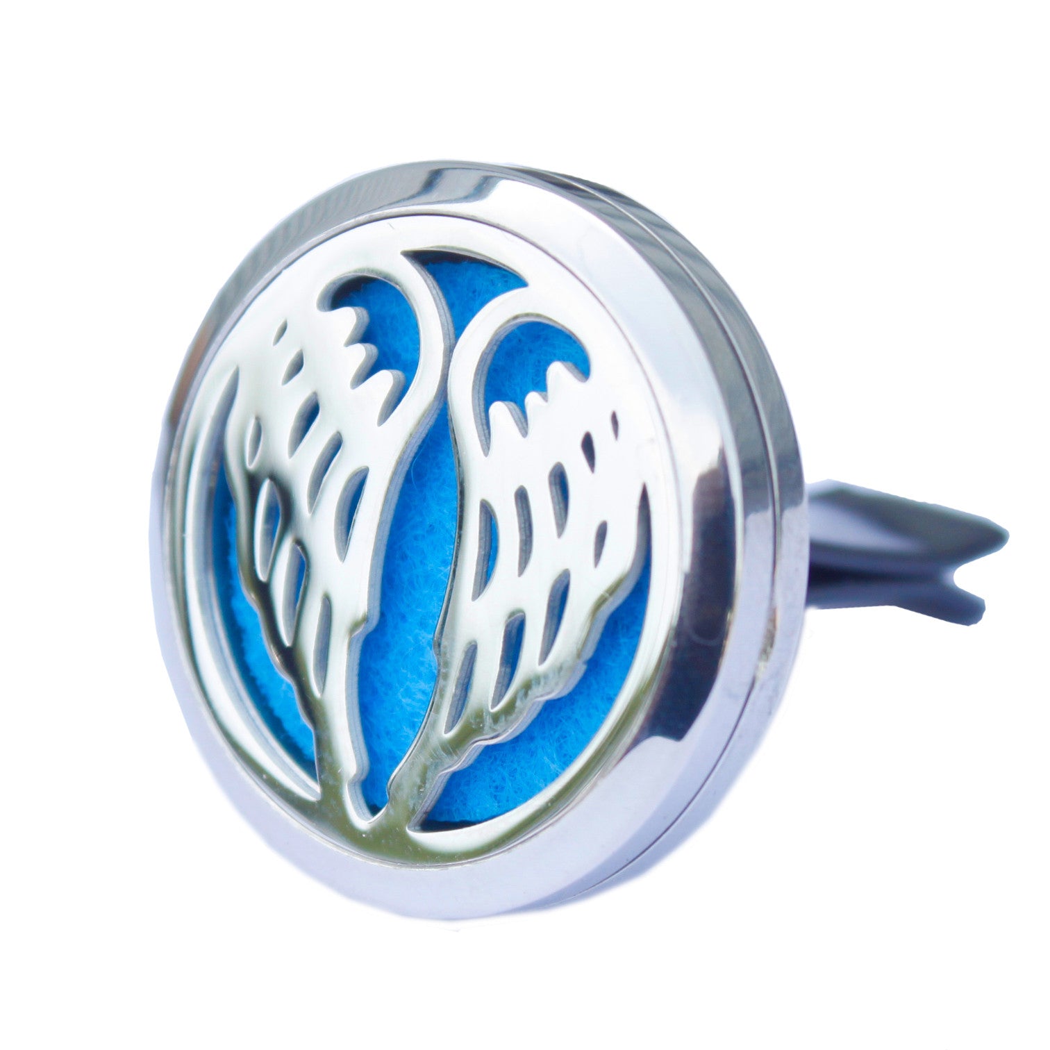 A stainless steel car diffuser kit with a green felt pad and a Angel wings design, including space for essential oil.Underground Allure, Essex UK