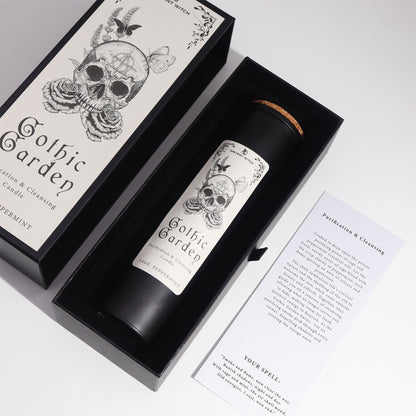 Gothic Garden candle in a decorative box with skull and insert card with writing