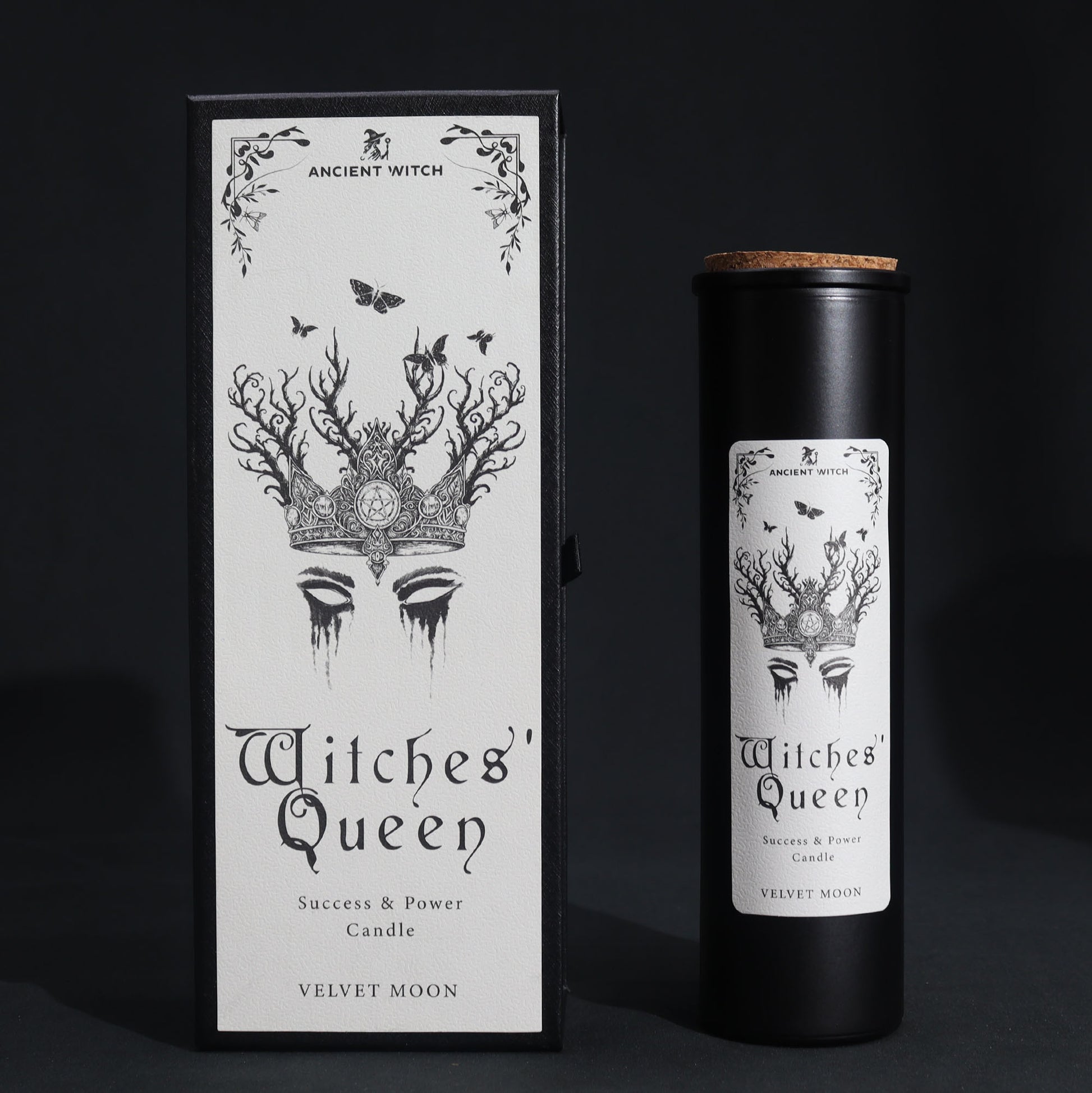 Witches' Queen logo candle packaging with black and white design on a dark background