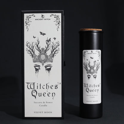 Witches' Queen logo candle packaging with black and white design on a dark background