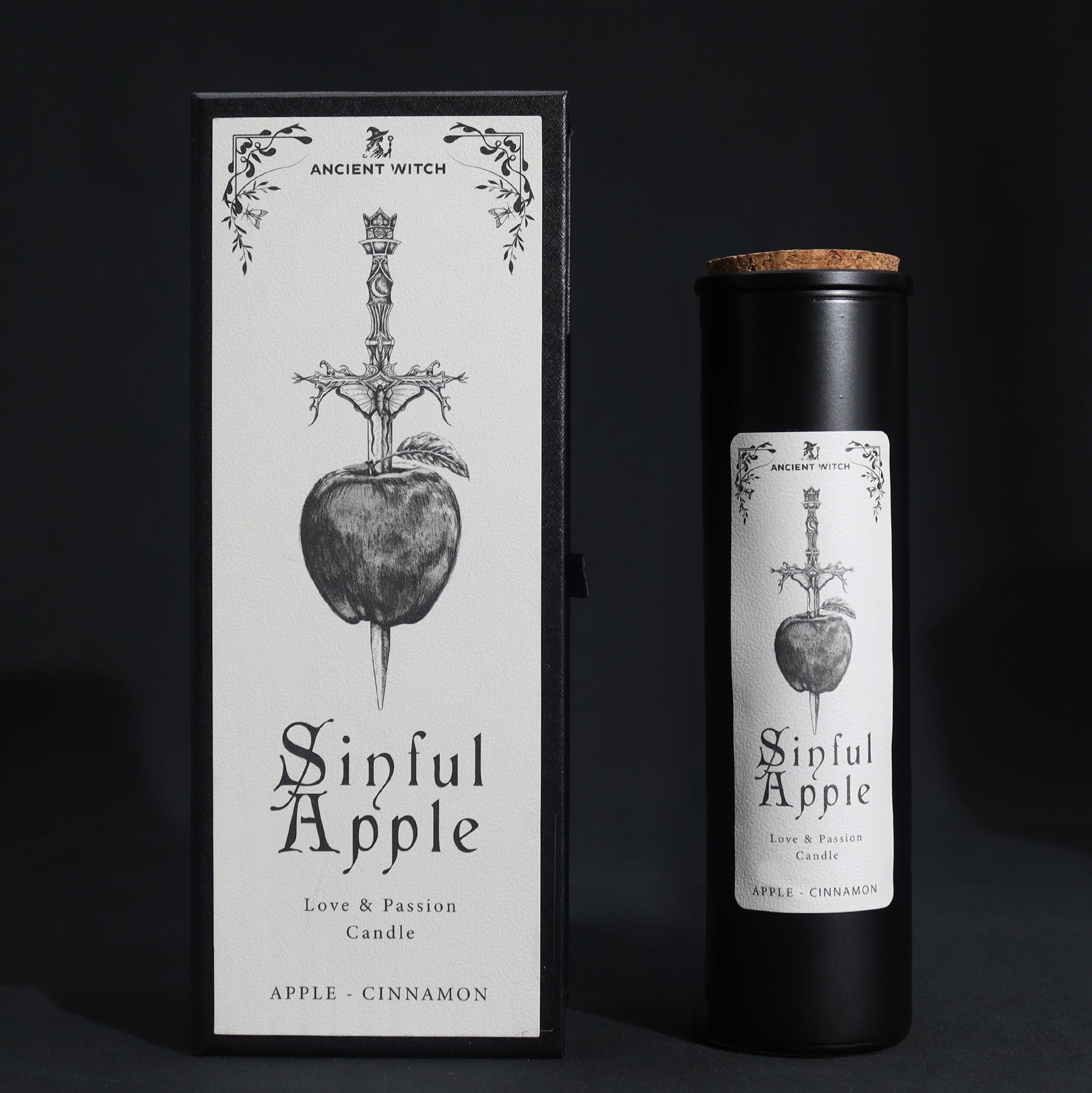 Front view Candle packaging for 'Sinful Apple' with black and white design on a dark background
