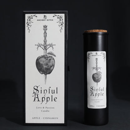Front view Candle packaging for 'Sinful Apple' with black and white design on a dark background