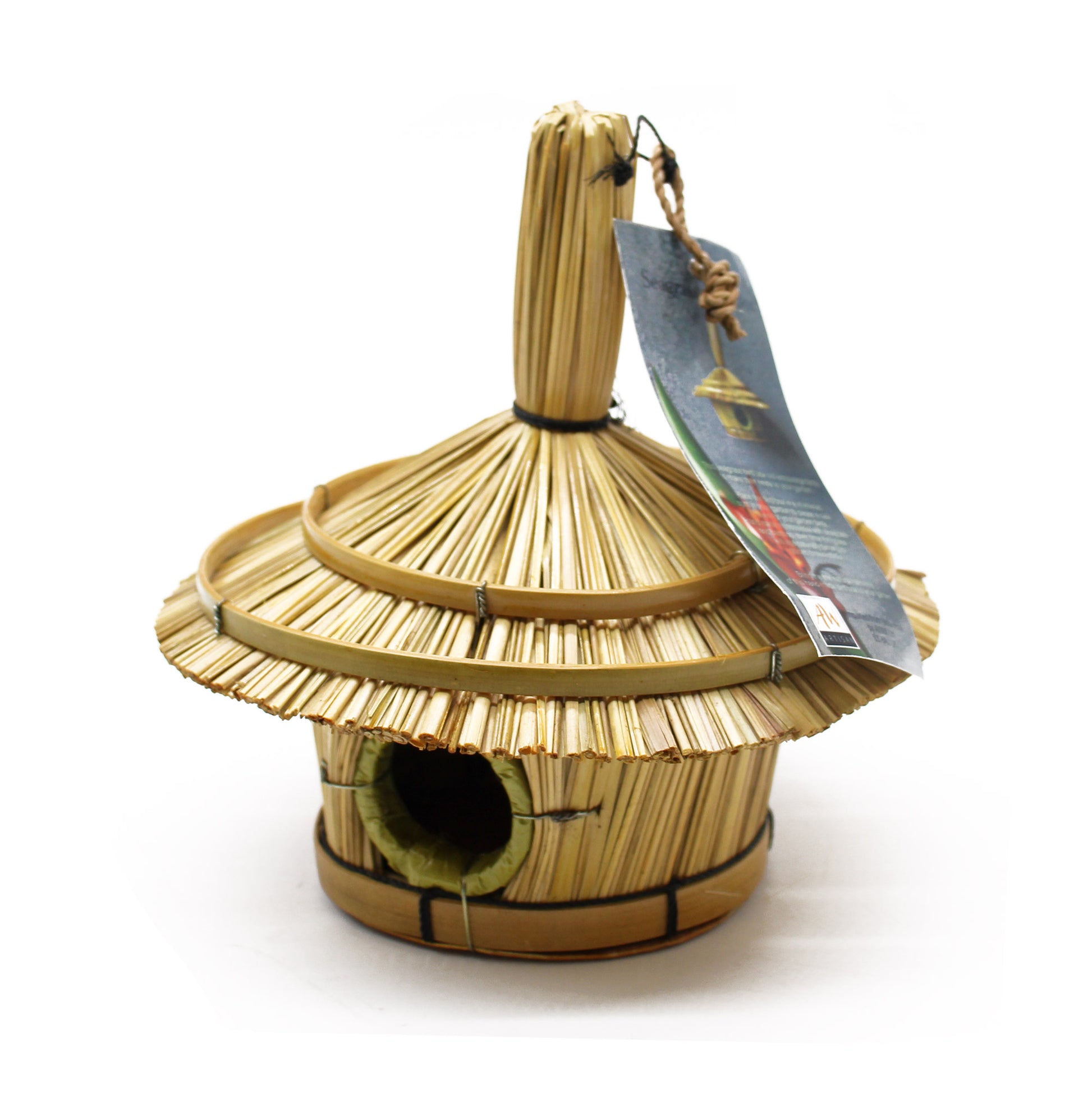 Bamboo birdhouse with a tag on a white background