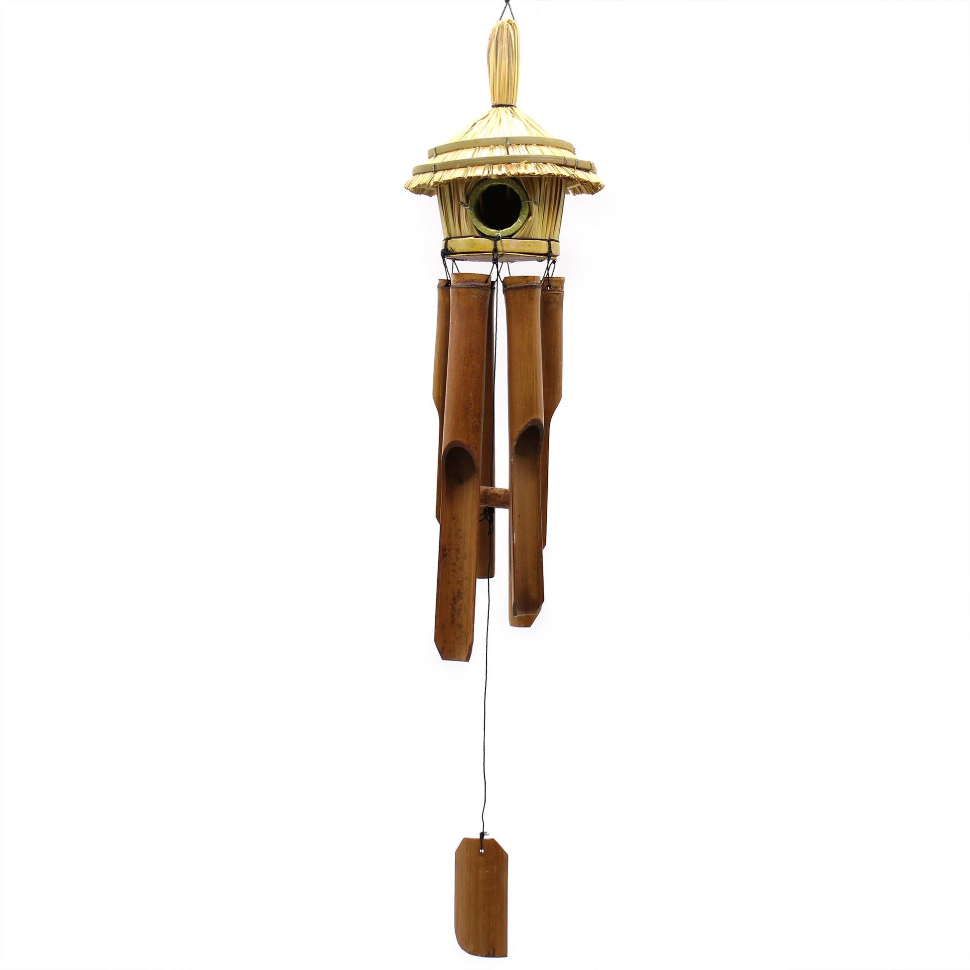 Bamboo wind chime with a decorative top on a white background