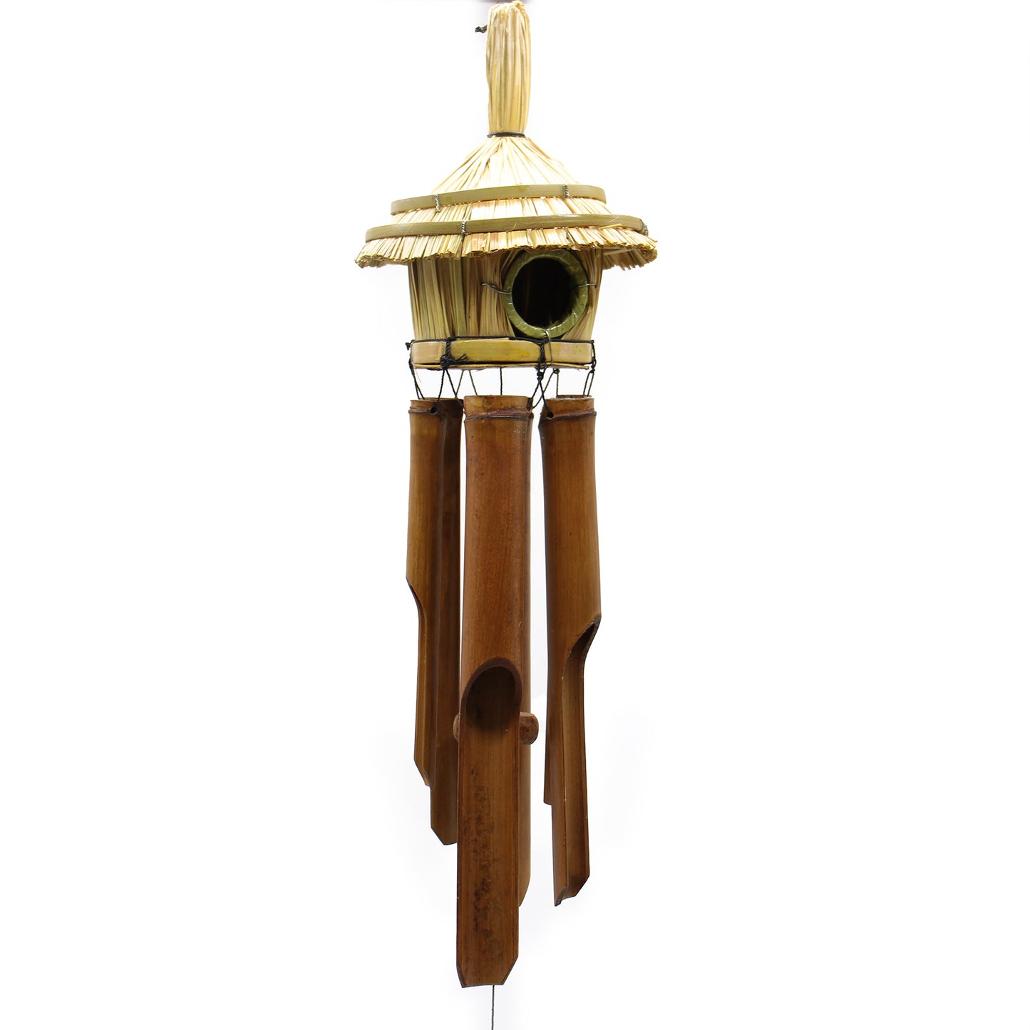 Bamboo wind chime with a thatched roof on a white background