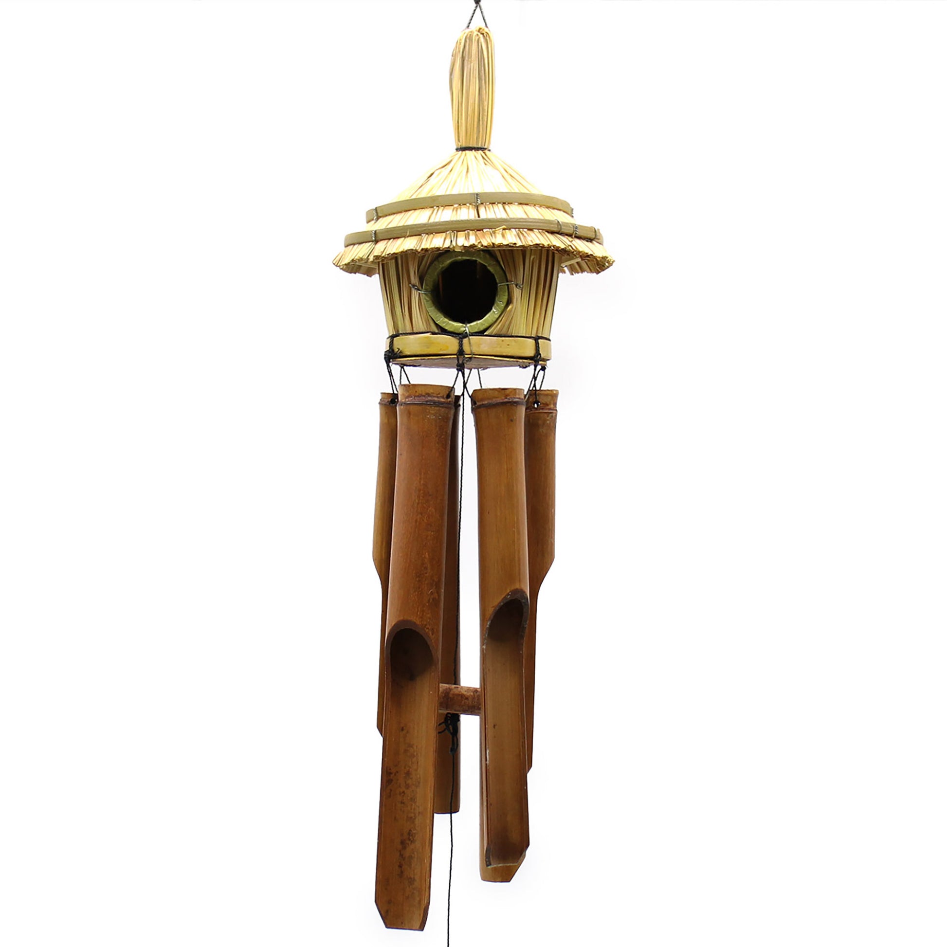 Bamboo wind chime with a pagoda-like top on a white background