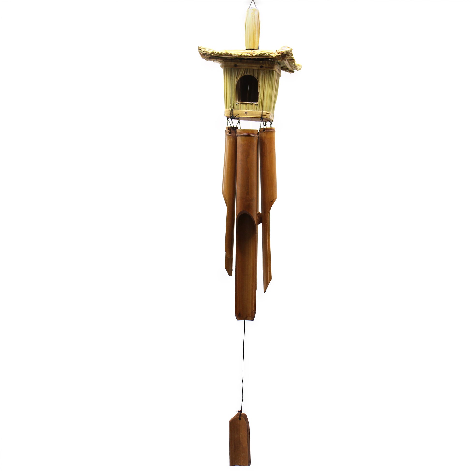 Bamboo wind chime with a wooden structure on a white background