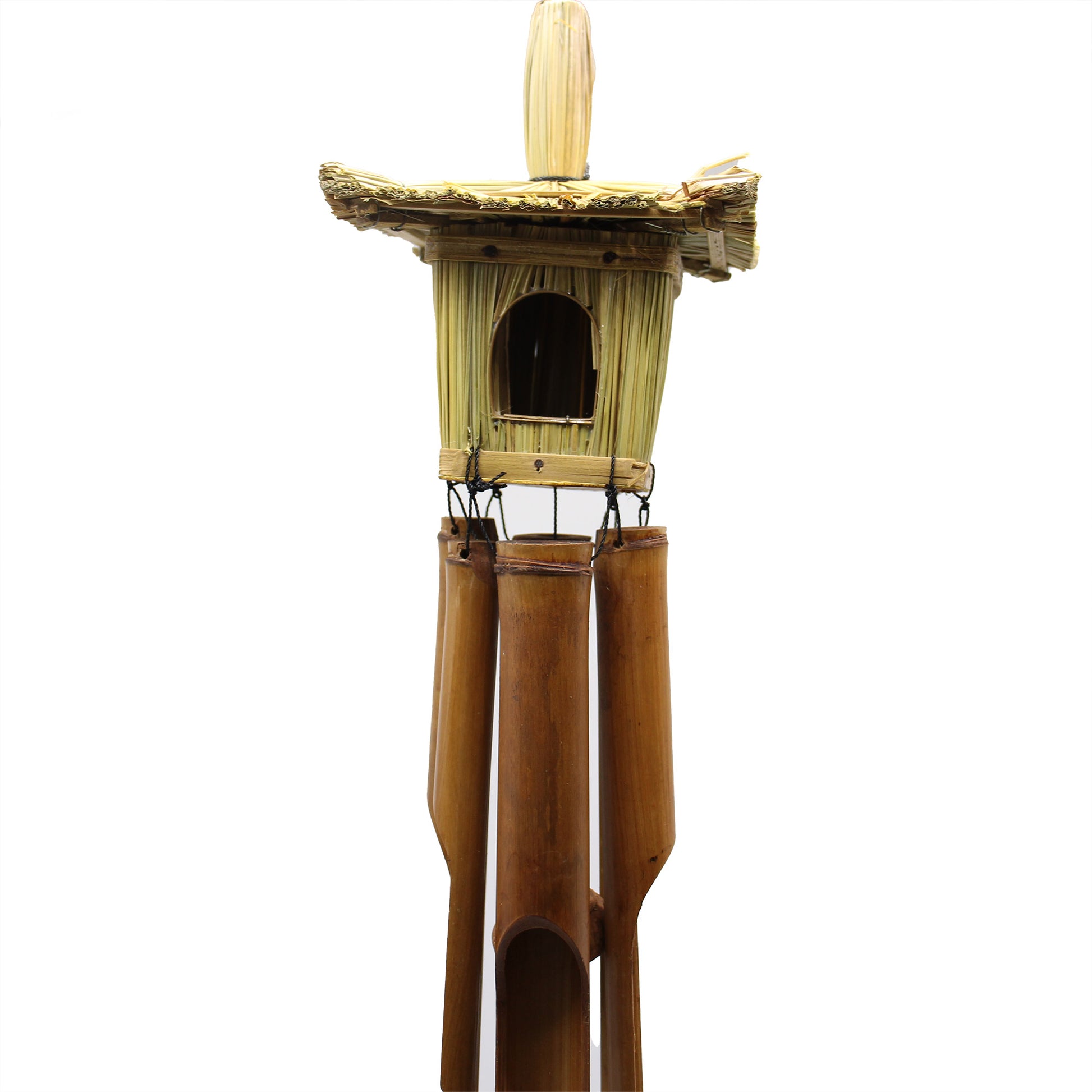 Bamboo wind chime with natural elements on a white background