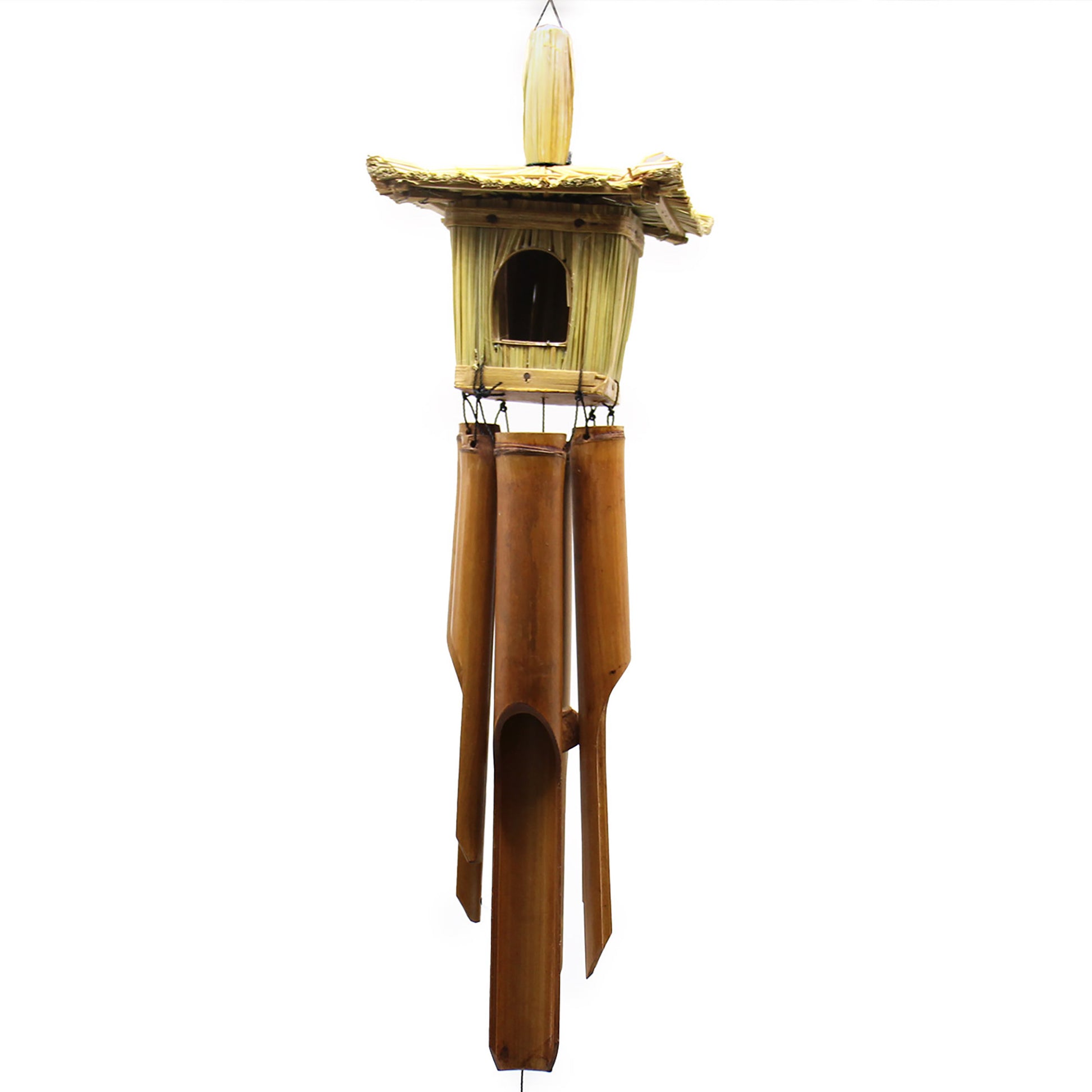 Bamboo wind chime with wooden birdhouse on a white background