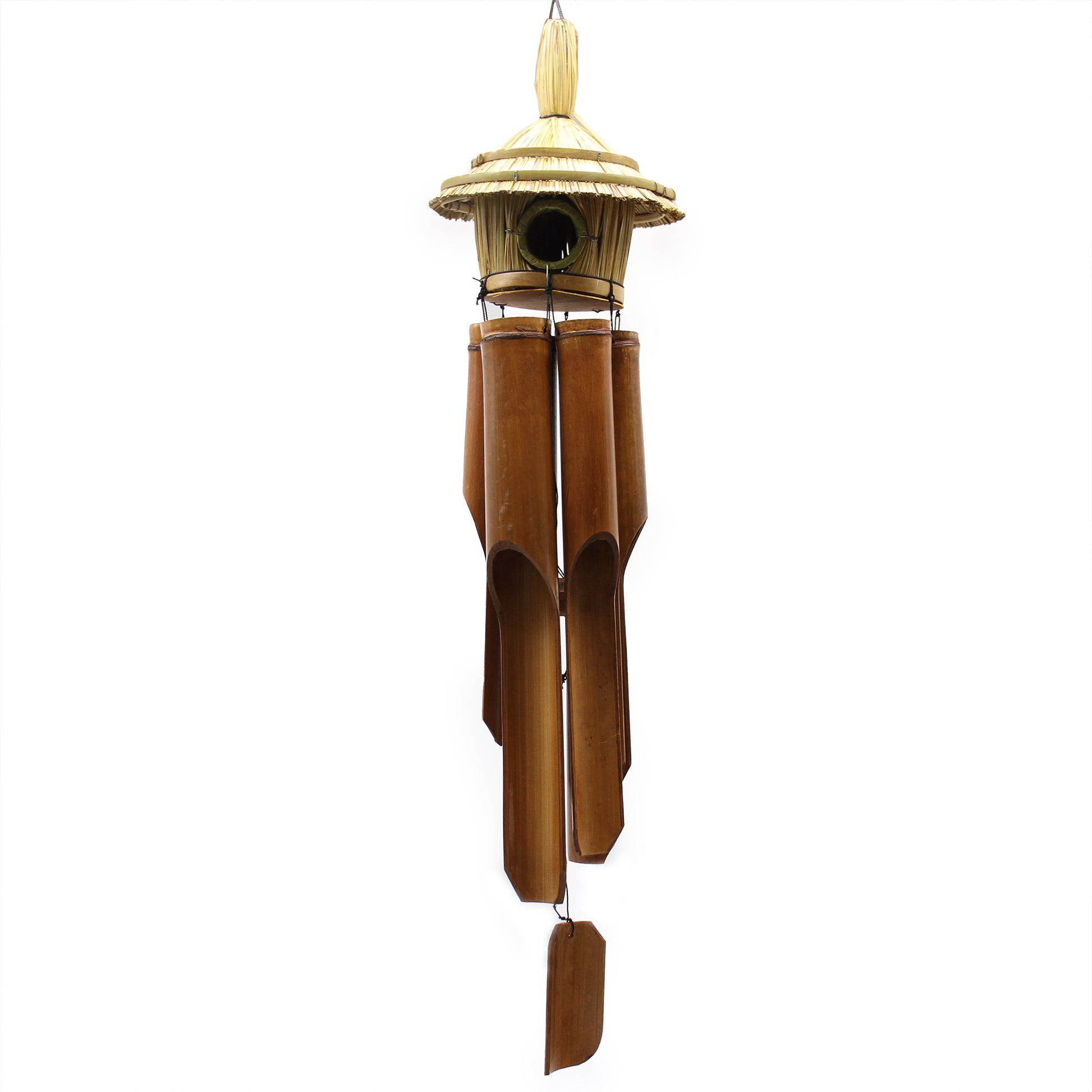 Bamboo wind chime with a wooden top on a white background