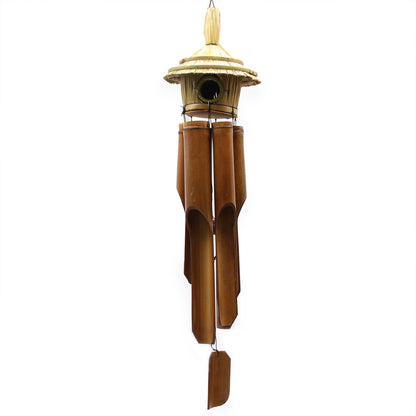 Bamboo wind chime with a wooden top on a white background