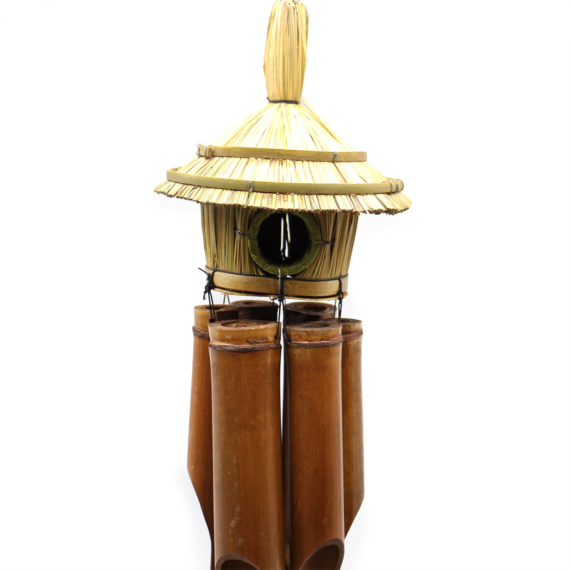 close up Bamboo wind chime with a pagoda-style Bird house top on a white background