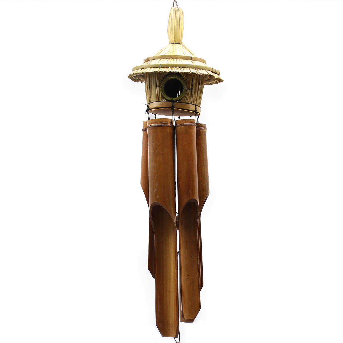 Bamboo wind chime with a pagoda top on a white background