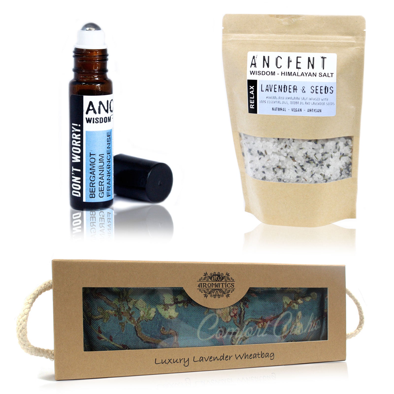 Bath Salts, Roll-on Blend and Wheat Bag SetHome" Oil Burner and Fragrance Oils Kit containing Bergamot, Geranium & Frankkincence and Lavender & Seed Himalayan Salt and a luxury Wheat bag