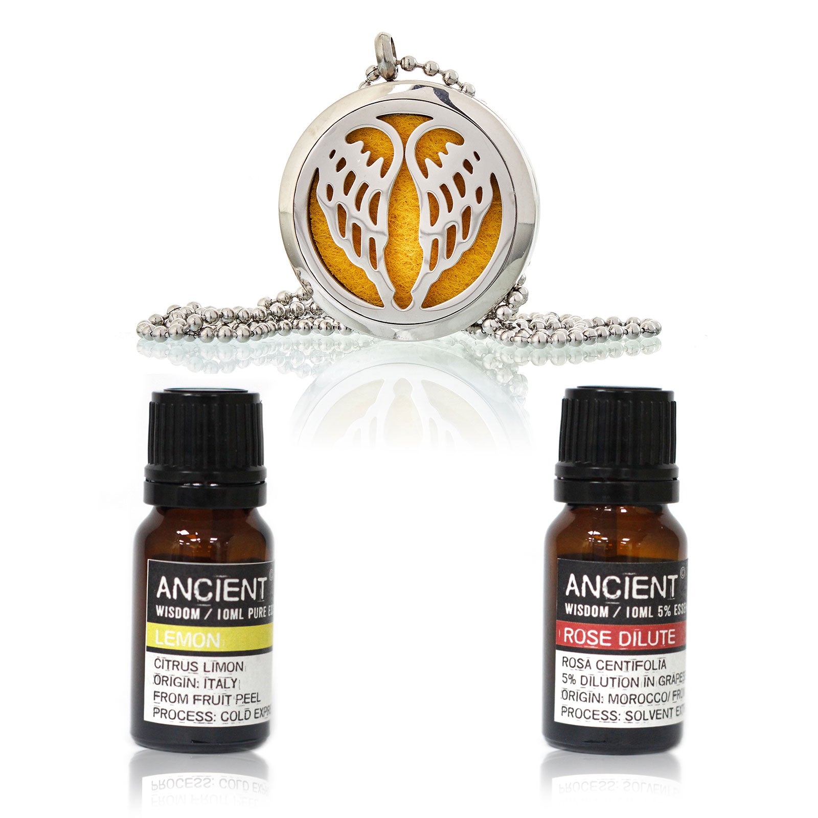 Diffuser Necklace and Essential Oils Set displaying Aromatherapy Pendant and a 5ml Bottle of Lemon Essential Oil and Rose Dilute 5ml