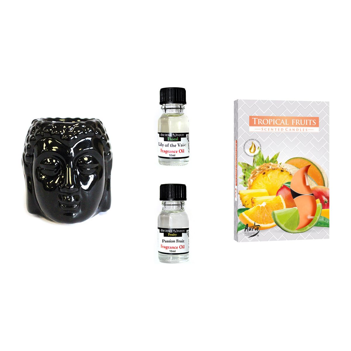 Buddha Oil Burner and Fragrance oils Kit with 2x essentials oils 10ml and a book