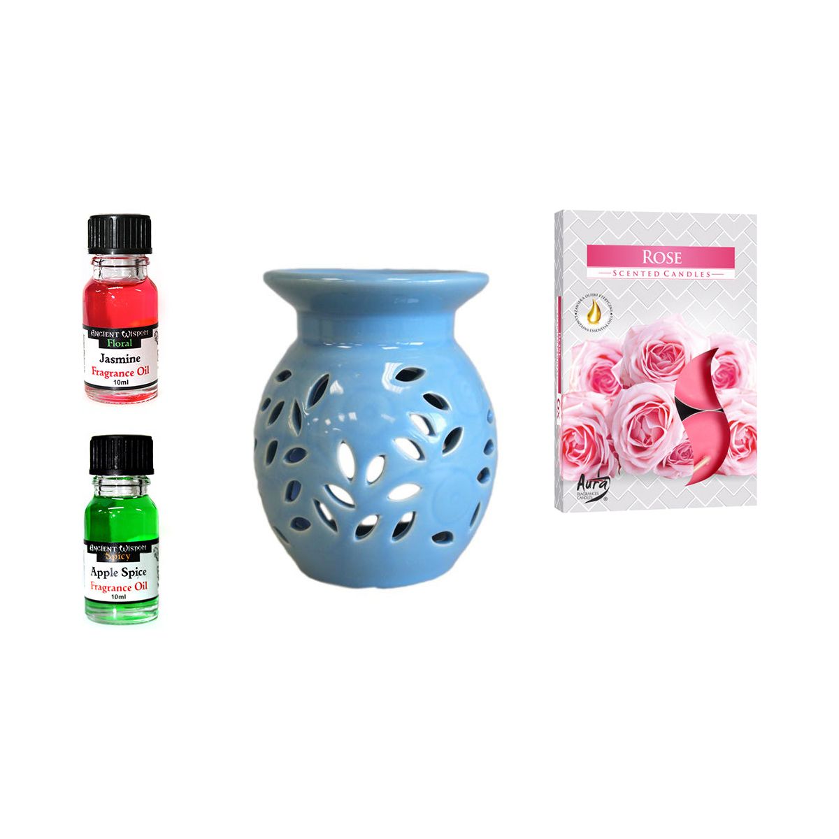 Floral Oil Burner and Fragrance Oils Kit and bottle of Jasmin and Apple and a rose scented candle