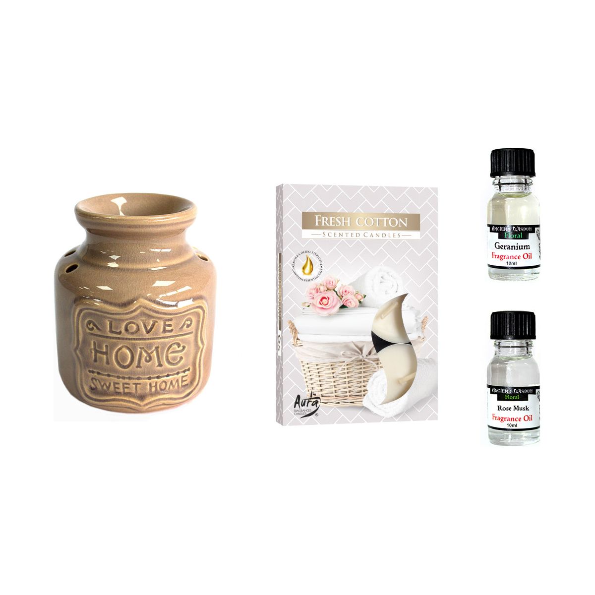 Home" Oil Burner and Fragrance Oils Kit containing Geranium & Rose Mask Essential Oil