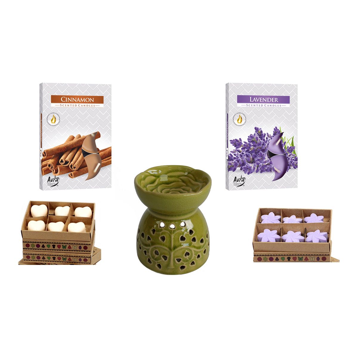 Oil Burner and Wax Melts Kit containing Lime Tree of life Oil Burner & a set of scented Tealights and a set of cinnamon Tealights