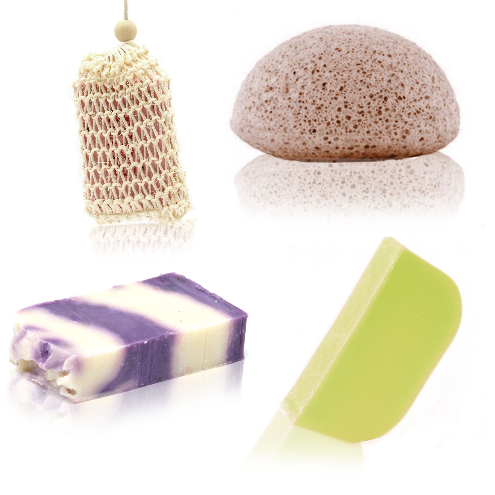 Soap, Solid Shampoo & Sponge Set with Lavender Olive soap & Coconut and lime Argan solid shampoo slice & Pink Japanese Konjac Sponge