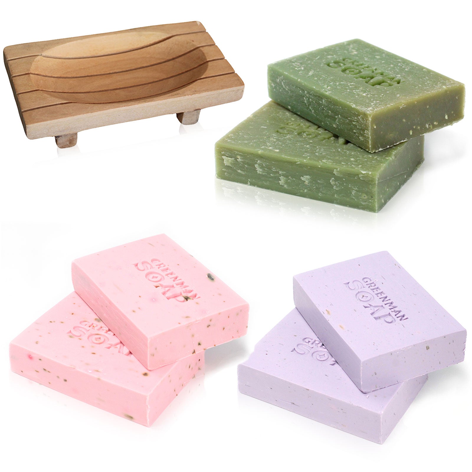 Greenman Soap set Lemon & Basil & Lavender & Geranium & Rose &Ylang Ylang and a classice Mahogany Soap dish