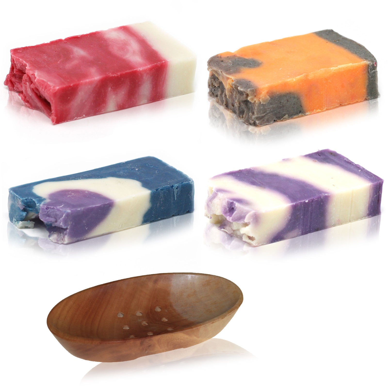 Olive Oil Soap Set Cinnamon & Orange Olive Soap, Rosehip, Herb of grace and Lavender and a classic Mahogany soap dish