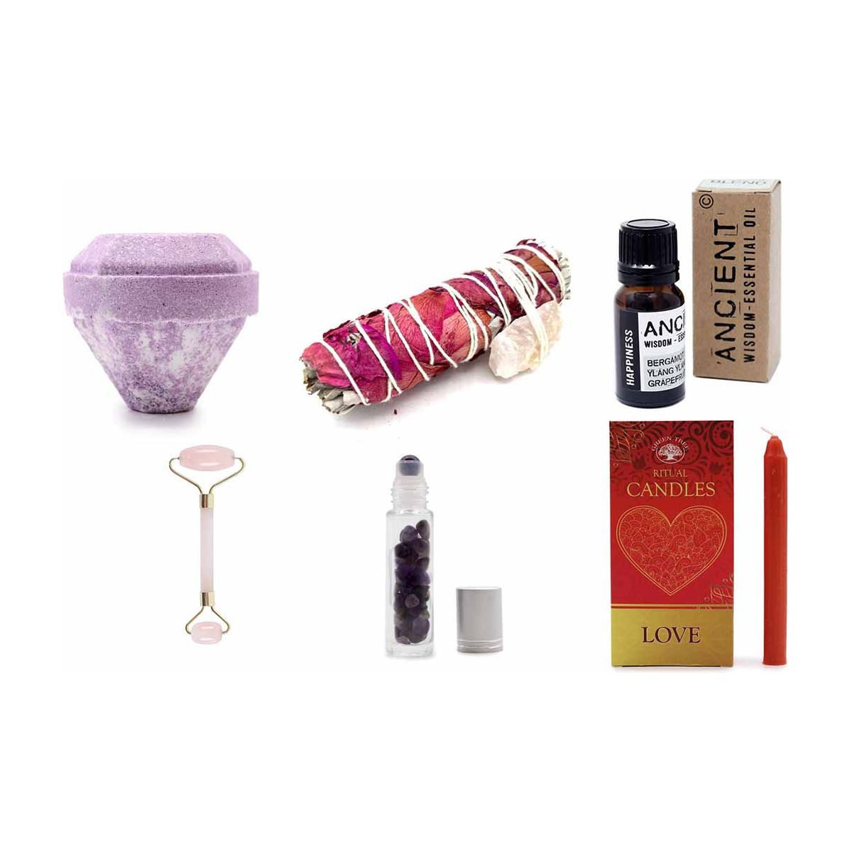 Self Love kit Smudge Stick - Love Spirit Sage 10cm -   Gemstone Essential Oil Roller Bottle - Amethyst - Silver Cap -  Set of 10 Spell Candles - Love - Gemstone Face Roller - Rose Quartz - Happiness Essential Oil Blend - Boxed - 10ml -  Gemstone Bath Bomb - Extreme Fragrance 